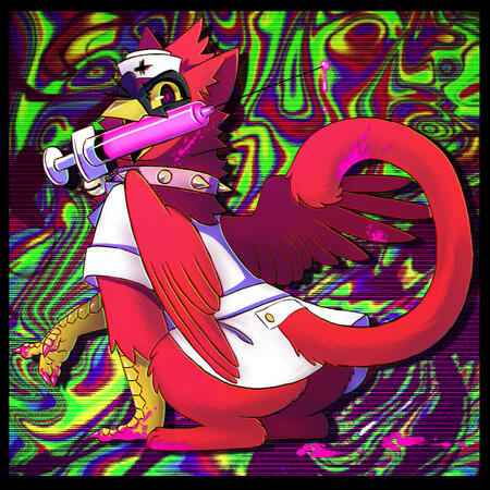 A red griffon with the front of a cardinal bird and the backside of a housecat holds a large syringe filled with a mysterious pink liquid while wearing a nurse's outfit. His back is to the viewer and he is looking over his shoulder with a cheeky wink while
